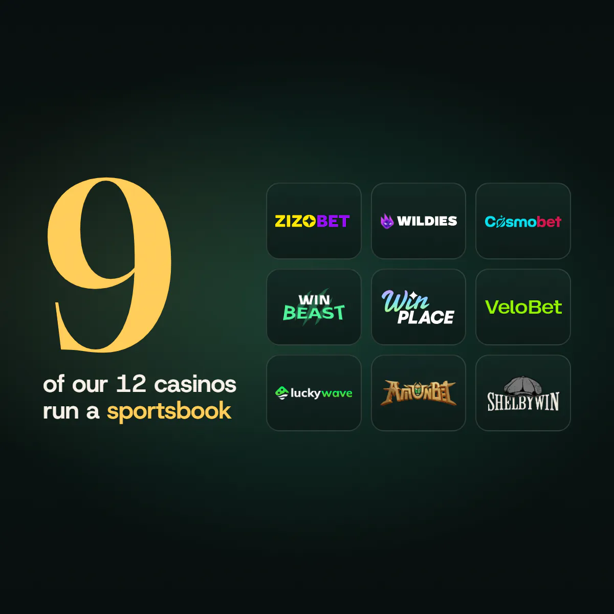 A large figure 9 beside the logos of the nine casinos on our list that run a sportsbook next to the casino.