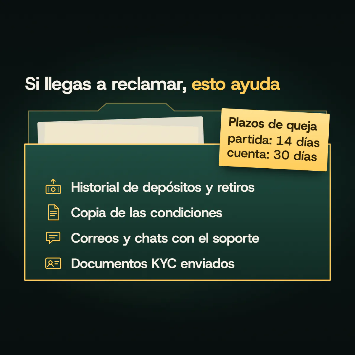 Carpeta con lo que ayuda tener reunido para reclamar un pago: historial de depósitos y retiros, copia de las condiciones, correos y chats y documentos KYC; plazos de 14 y 30 días.